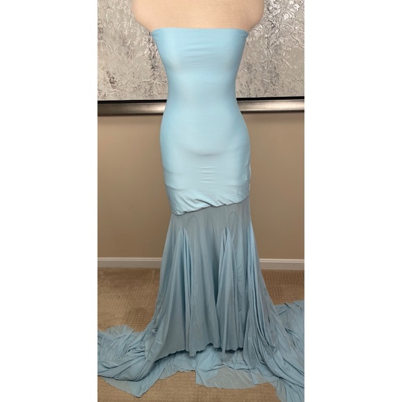 DEME By Gabriella Dahlia Strapless Sheer Blue Maxi Dress Size Medium - Picture 2 of 8
